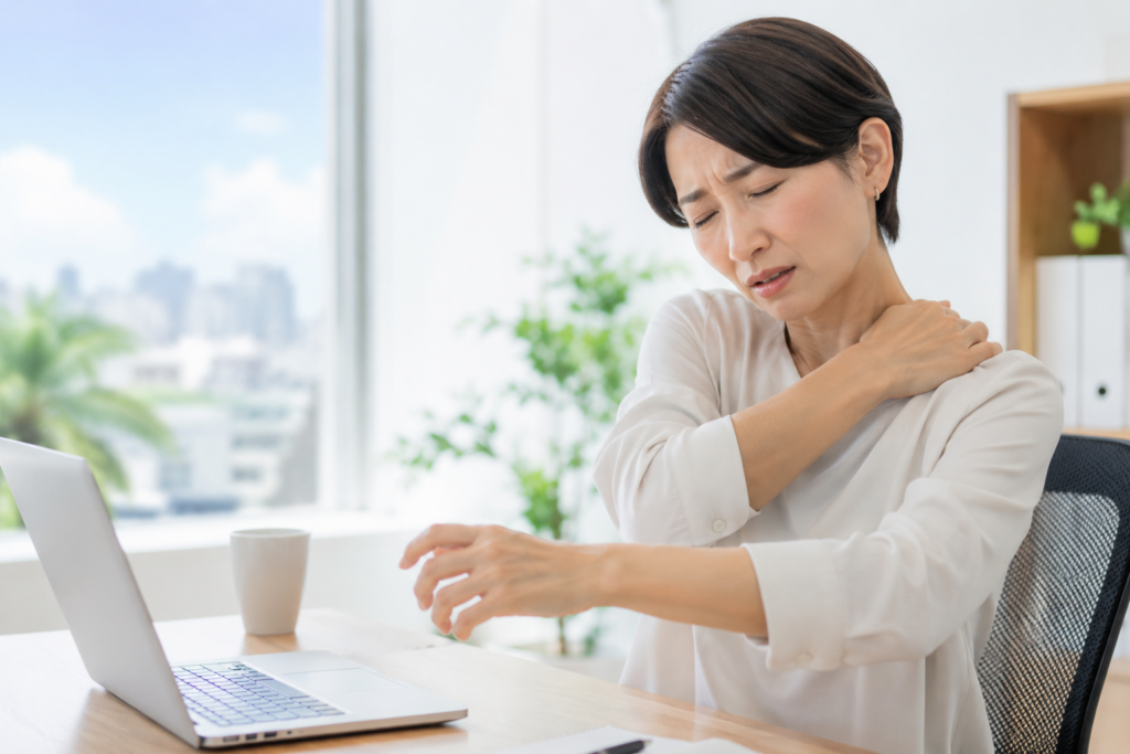 「腕のしびれに悩む女性のイメージ|那覇市 宮スポーツ鍼灸整骨院」